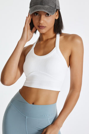 White ribbed halter crop top with a racerback detail
