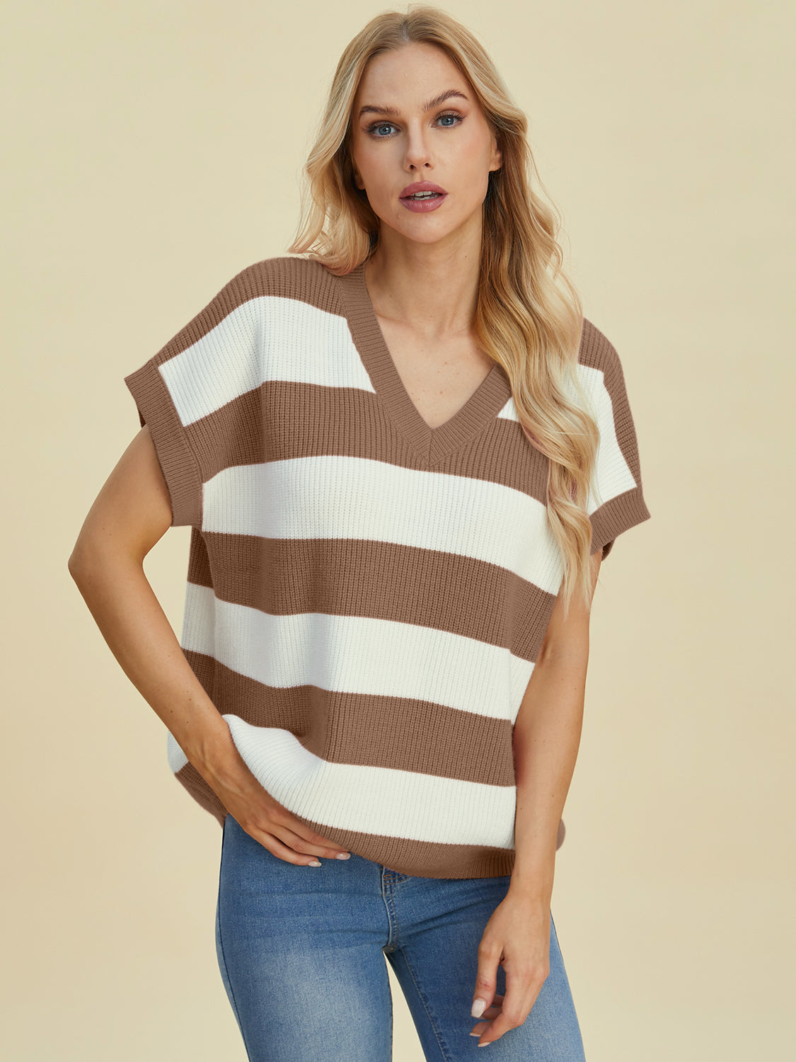 Camel and white striped knit cap-sleeve top with V-neck