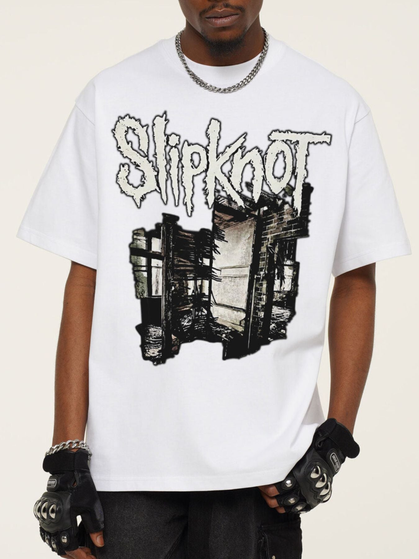 Men's white cotton crew neck t-shirt with distressed graphic print.