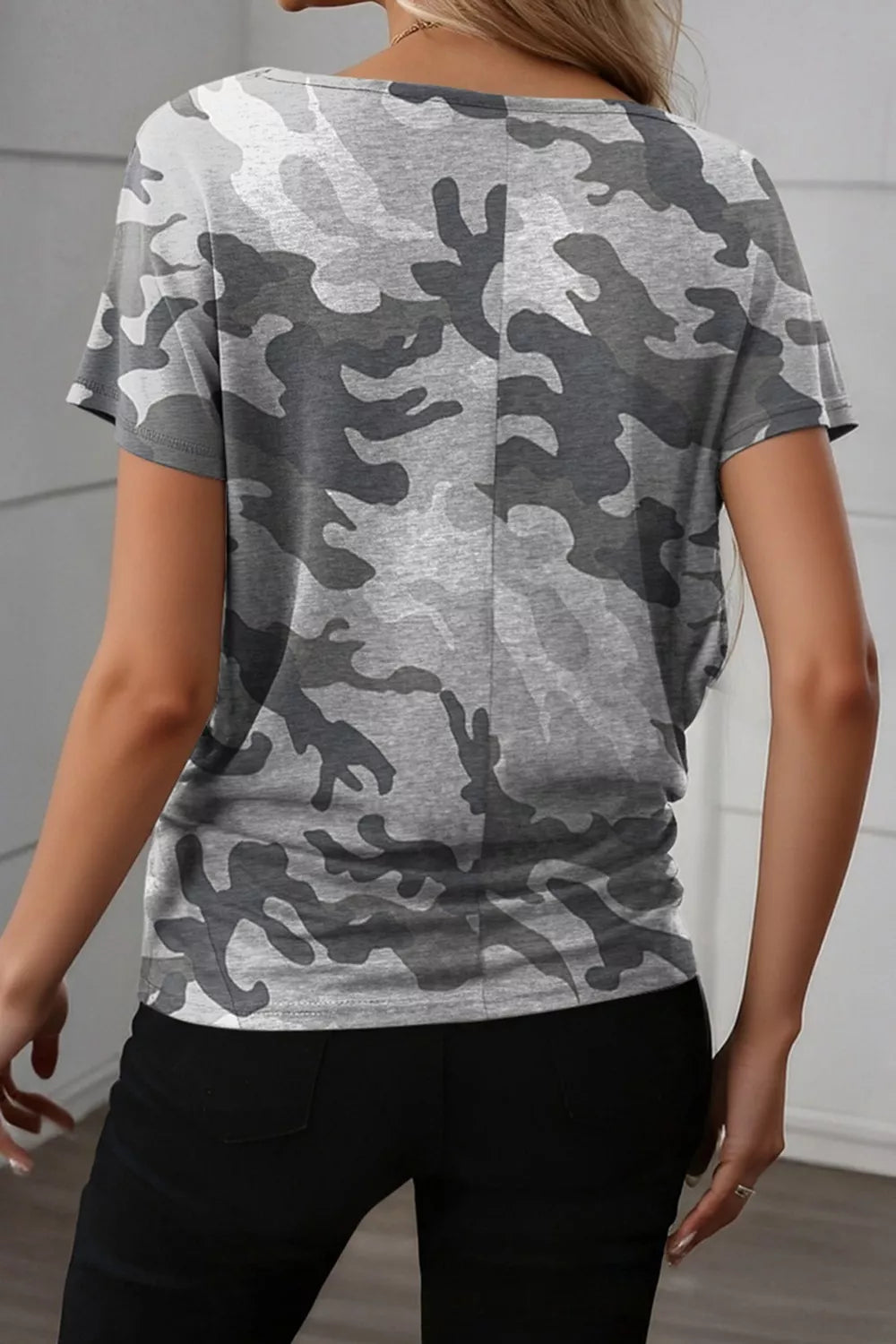 Slightly stretchy grey camo print crew neck t-shirt with short sleeves.