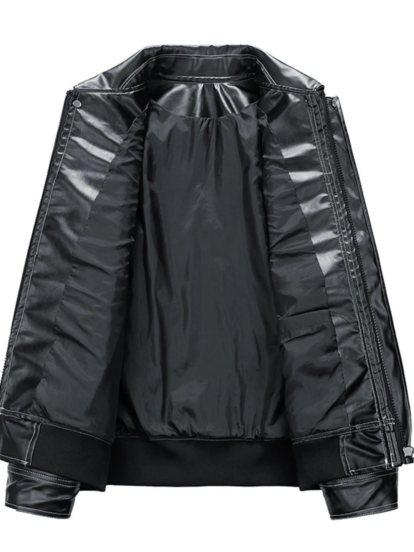 Black oversized zip up leather bomber jacket with a shiny lining and ribbed cuffs.