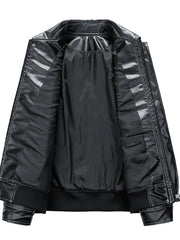 Black oversized zip up leather bomber jacket with a shiny lining and ribbed cuffs.