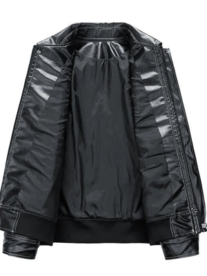 Black oversized zip up leather bomber jacket with a shiny lining and ribbed cuffs.