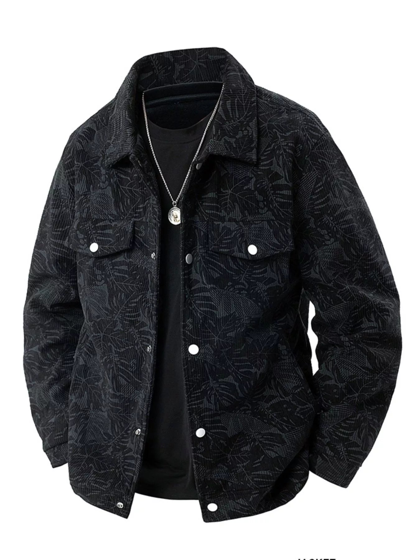 Black corduroy jacket with leaf pattern, button front, and chest pockets.