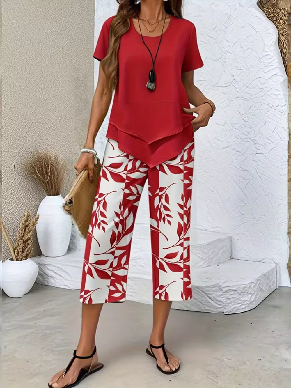 Chic Layered Top & Leaf Print Pants Set