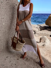 Striped crochet midi cover-up dress in mocha and white with a V-neck and side slits.
