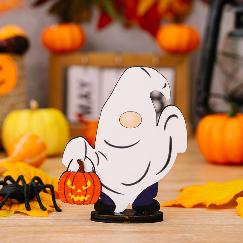 Wooden Halloween ghost gnome figurine holding a jack-o-lantern, Style A