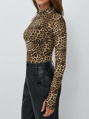 Leopard print mesh second-skin top with mock neck and long sleeves