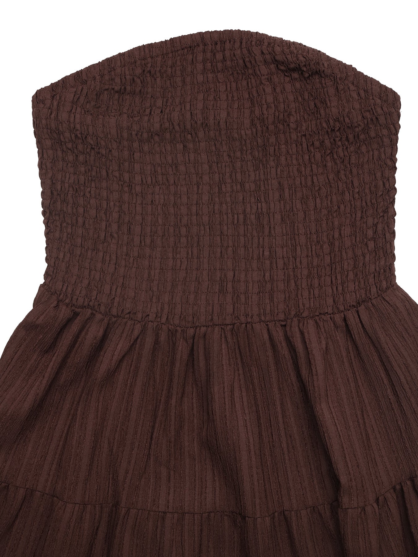 Gathered bodice strapless mini dress in dark brown with tiered ruffle skirt.