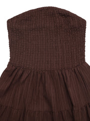 Gathered bodice strapless mini dress in dark brown with tiered ruffle skirt.