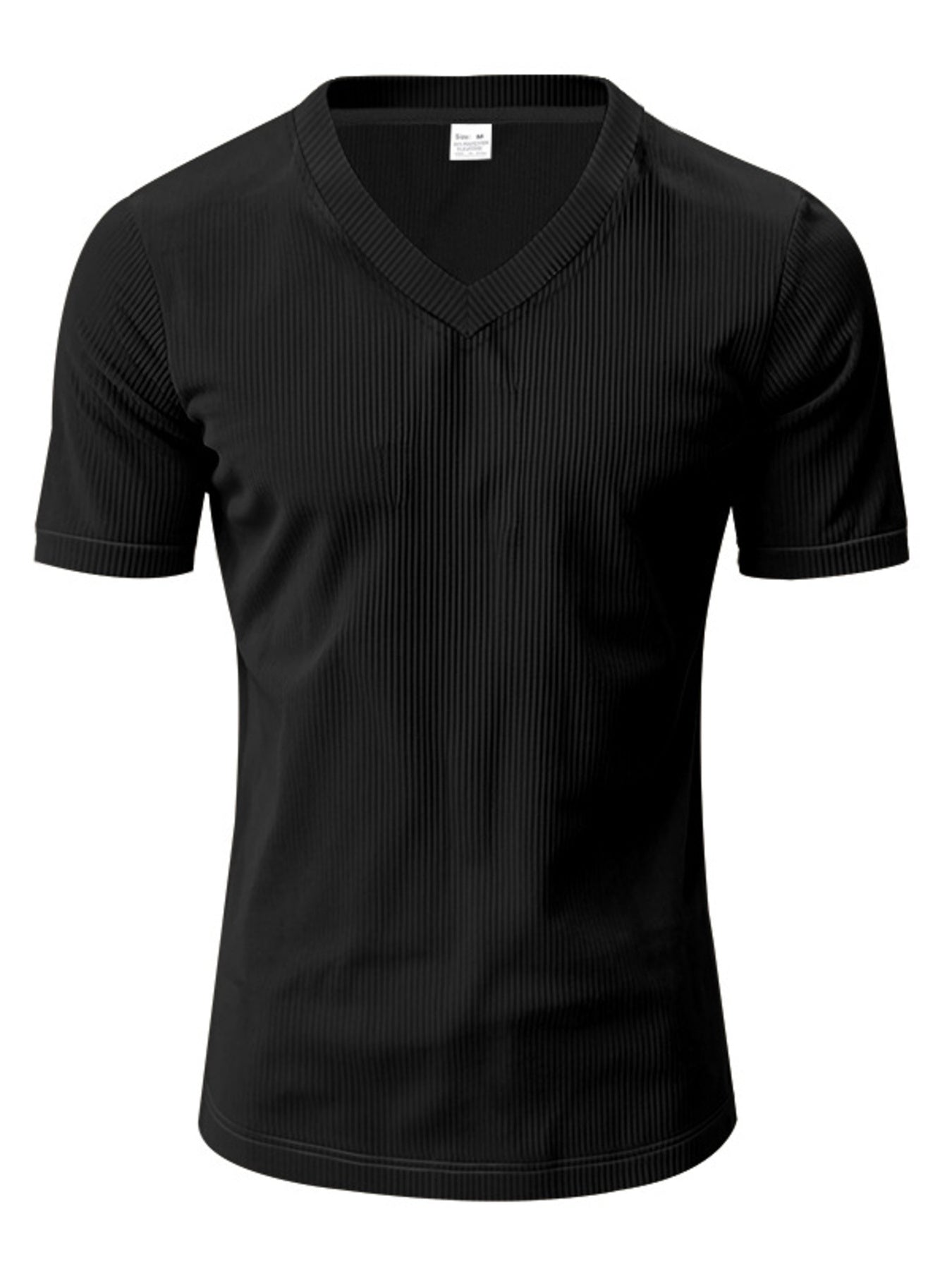 Black ribbed V-neck t-shirt with short sleeves and a comfortable fit.