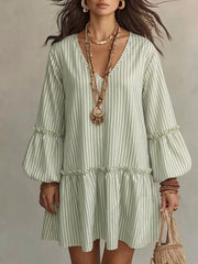Striped Balloon Sleeve Mini Dress Plus Size in Light Green, back view