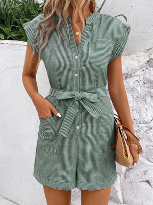 Gum Leaf striped shirting romper with tie waist and button front.