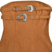 Caramel suede strapless dress with double buckle detail