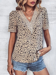 Tan floral lace trim v-neck blouse with short sleeves