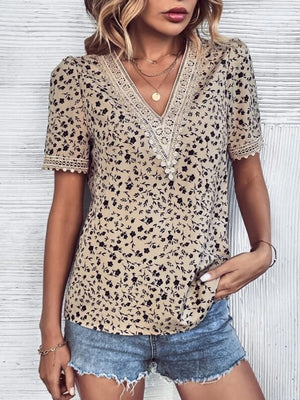 Tan floral lace trim v-neck blouse with short sleeves