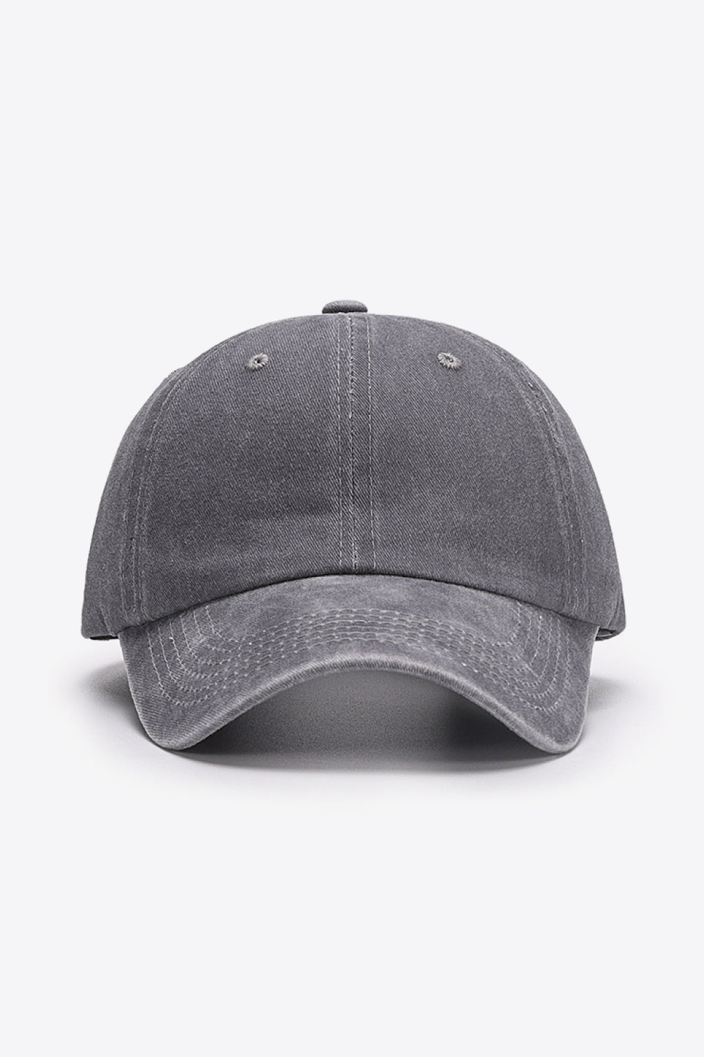 Washed cotton baseball cap in gray with stitched details and a curved brim.