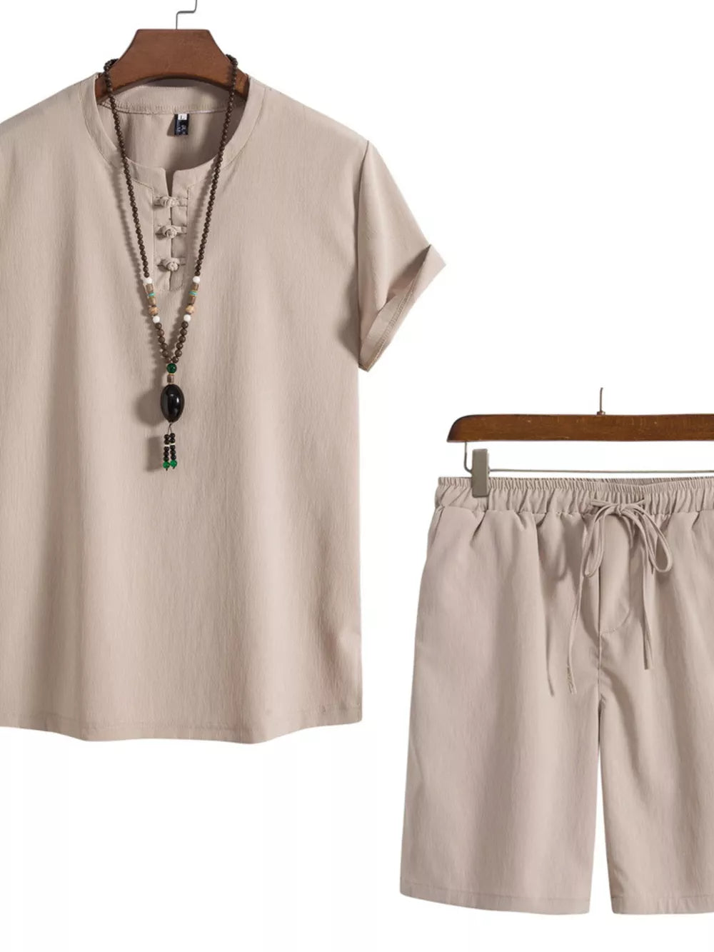 Khaki Mandarin Collar Casual Set for Men with drawstring shorts and ornate buttons on shirt.
