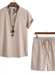 Khaki Mandarin Collar Casual Set for Men with drawstring shorts and ornate buttons on shirt.