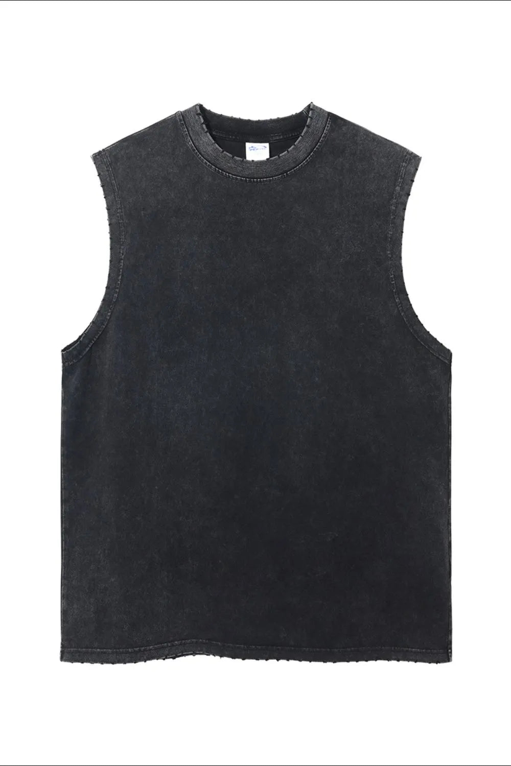 Acid wash muscle tank top in dark gray with raw hem and distressed neckline.