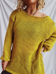 Mustard open-knit slouchy boatneck pullover sweater with long sleeves.