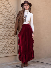 Burgundy velvet ruffle slit palazzo pants with a high waist.