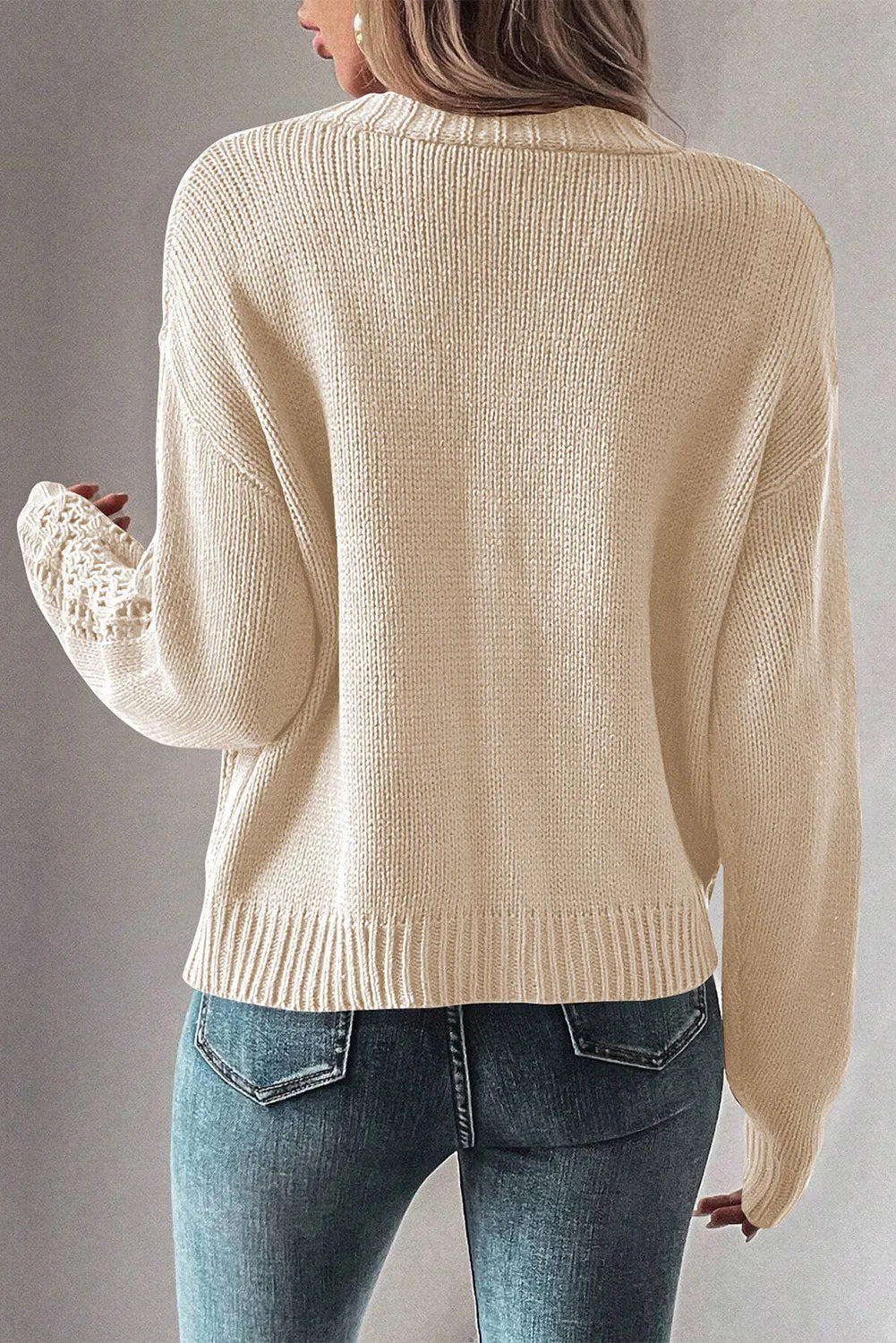 Chic mesh detail cardigan in taupe with ribbed cuffs and hem.