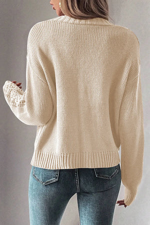Chic mesh detail cardigan in taupe with ribbed cuffs and hem.