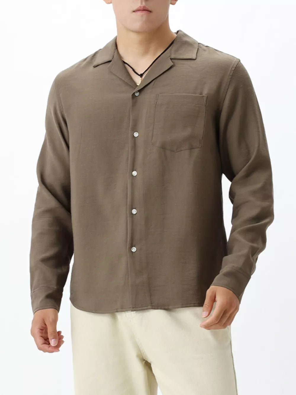 Men's brown relaxed camp collar button-up shirt with chest pocket