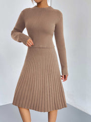 Ribbed knit fit-and-flare co-ord set in Dust Storm, featuring a long sleeve top and A-line skirt.