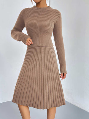 Ribbed knit fit-and-flare co-ord set in Dust Storm, featuring a long sleeve top and A-line skirt.