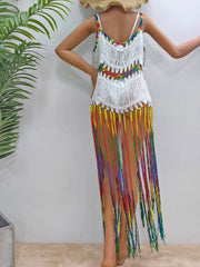 White crochet cover-up dress with rainbow fringe and straps, acrylic material.