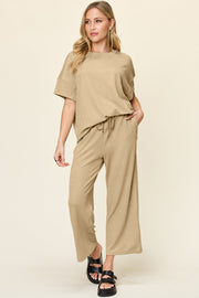 Khaki waffle knit lounge set with drawstring pants and short sleeve top