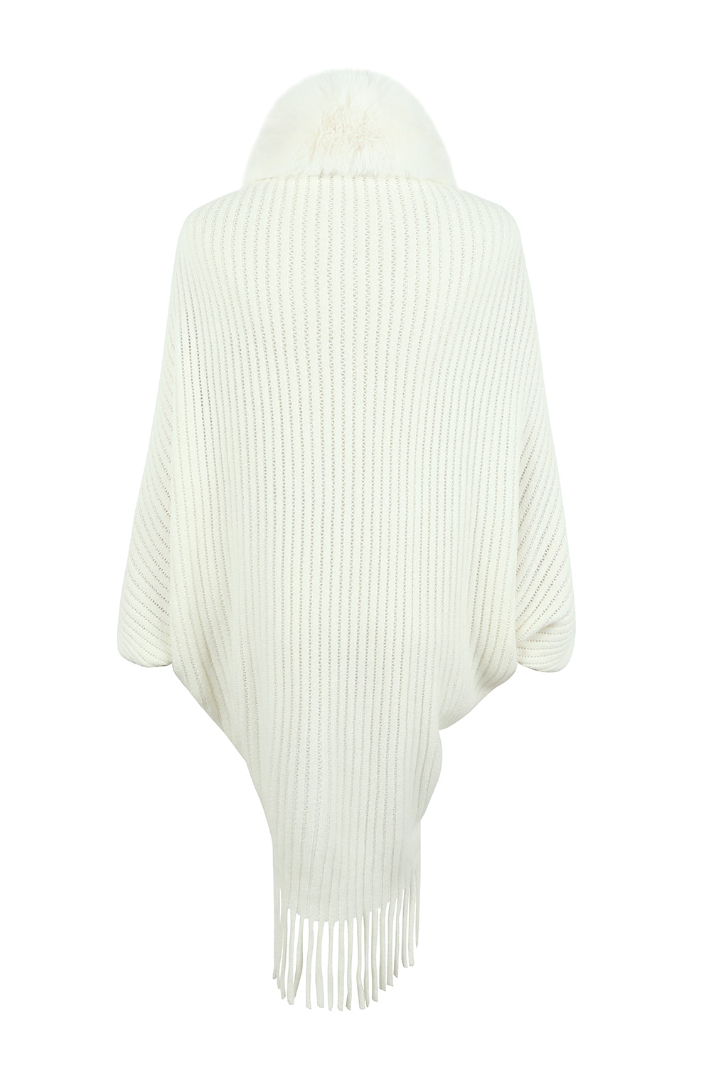 Ivory knit cape with faux fur collar and fringe detail