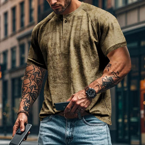 Textured Henley tee in Army Green with raglan sleeves and a two-button placket.