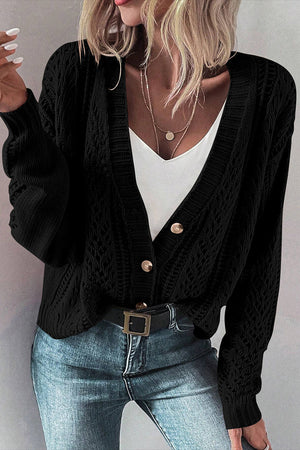 Black mesh detail cardigan with V-neck and button front, styled with a white cami and jeans.