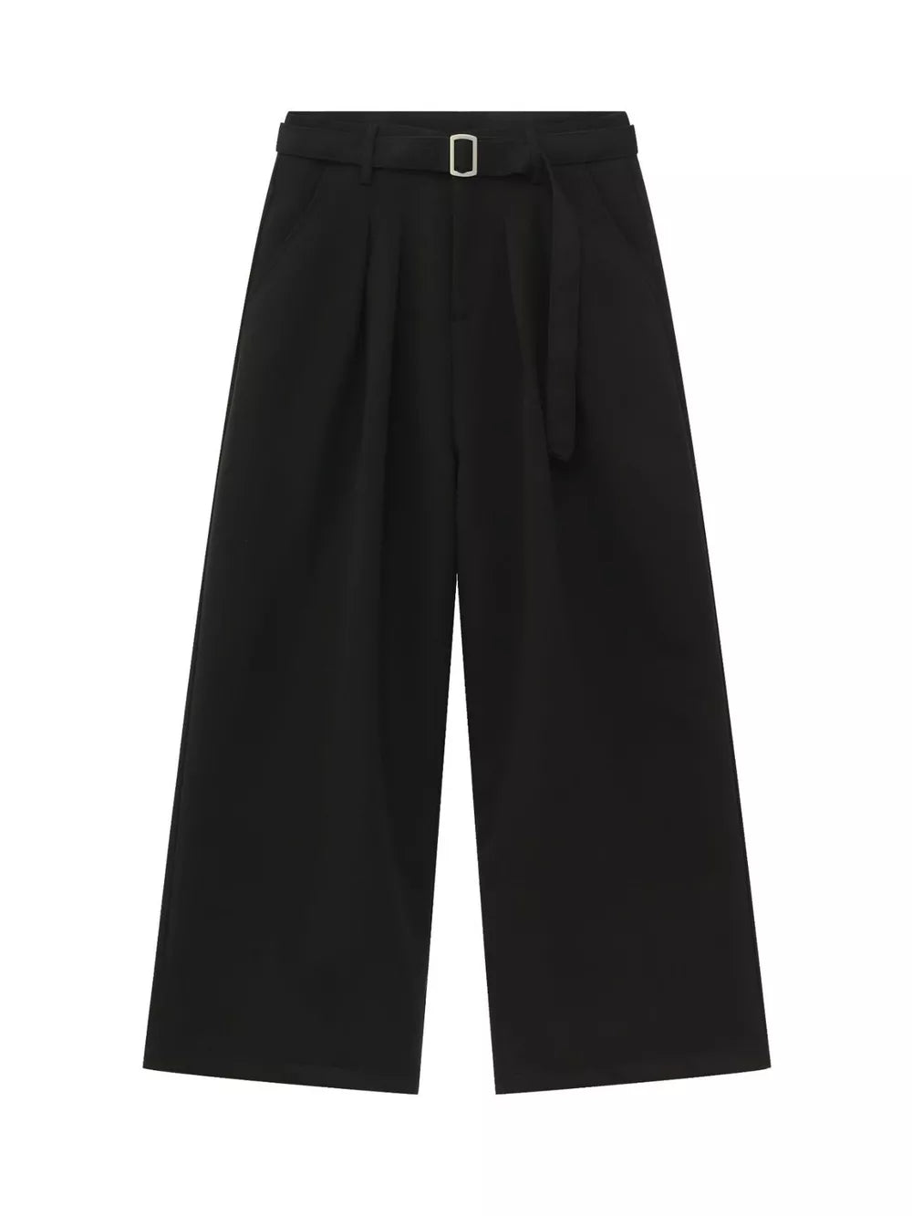 Black wide-leg pleated sweatpants with a belted waist and silver buckle.