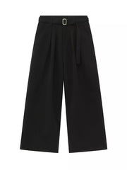 Black wide-leg pleated sweatpants with a belted waist and silver buckle.