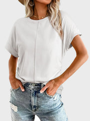 White seamed front ruched sleeve tee with crew neck and cuffed short sleeves.