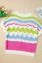 Scalloped crochet tee with ruffle sleeves in stripe pattern.