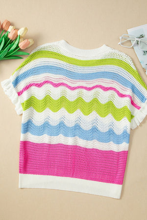 Scalloped crochet tee with ruffle sleeves in stripe pattern.