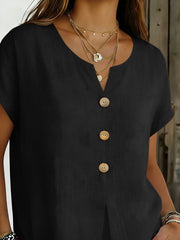 Black buttoned short sleeve blouse with V-neck and wooden buttons