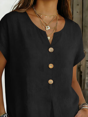 Black buttoned short sleeve blouse with V-neck and wooden buttons