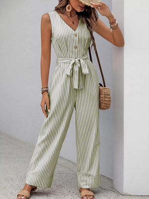 Striped tie-waist wide leg romper in yellow-green with V-neck and button detail.