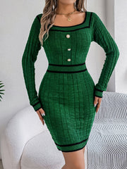 Dark green ribbed knit bodycon dress with square neck, button front, and contrast trim.