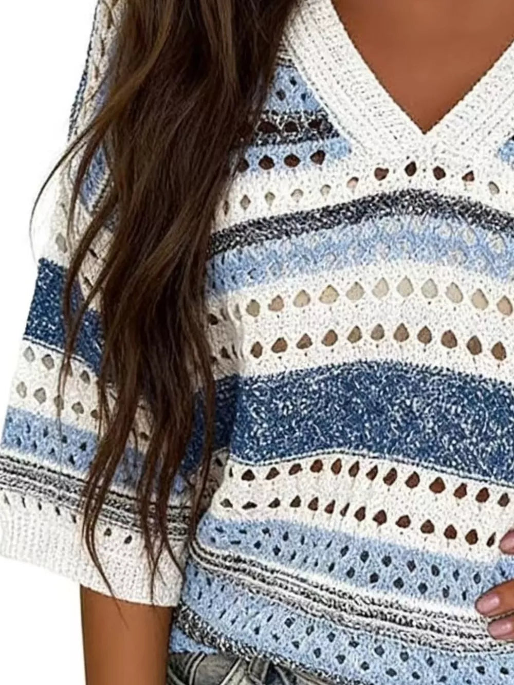 V-neck Ribbed Sweater in Green Stripes, fabric detail