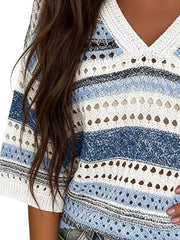 V-neck Ribbed Sweater in Green Stripes, fabric detail