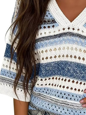 V-neck Ribbed Sweater in Green Stripes, fabric detail