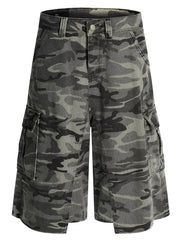 Camouflage cotton cargo capris with utility pockets and button fly.