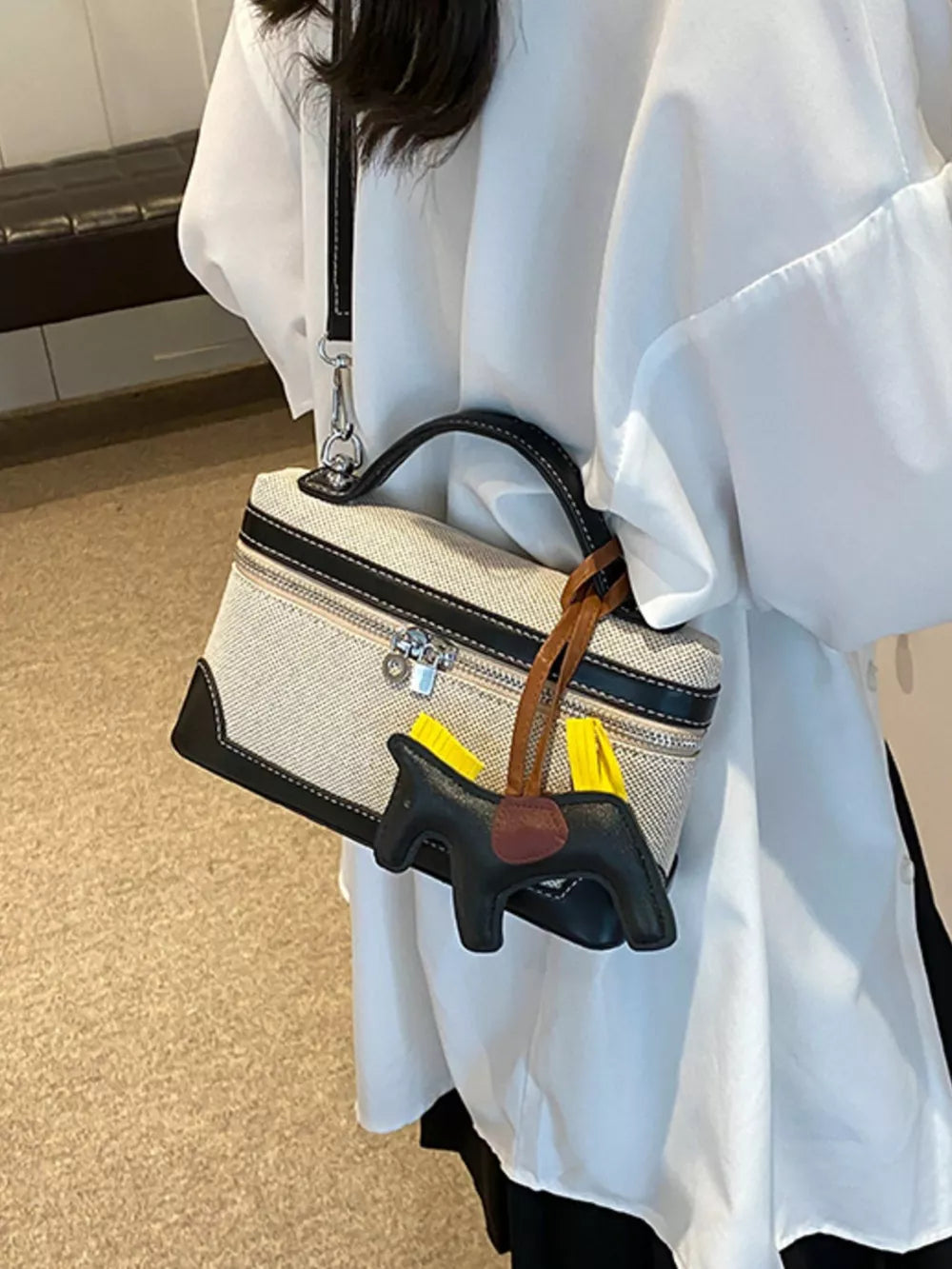 Top Handle Detachable Strap Mini Handbag in Black, fit detail